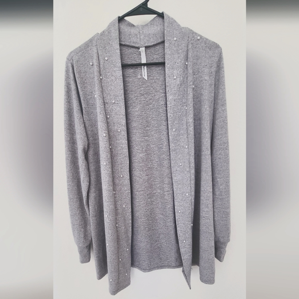 Gray Women's Cardigan with Pearl Accents